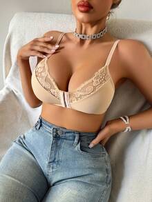 1件睡衣内衣，女士极简前扣蕾丝文胸，无钢圈无衬垫可调节肩带内衣 - 杏色 - 查看 1