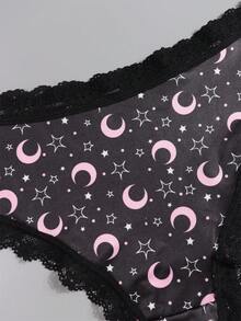 Dircho 6条装可爱深色蕾丝低腰三角裤，月亮、星星、趣味印花、睫毛、甜甜圈图案，丝滑舒适女士三角裤 - 彩色 - 查看 11