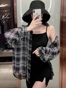 2025夏季新款格子衬衫女休闲宽松上衣 - 黑色 - 查看 6