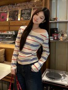 Women's Striped Casual Crew Neck Long Sleeve Top, Versatile For Commuting And Everyday Wear - Apricot - View 7