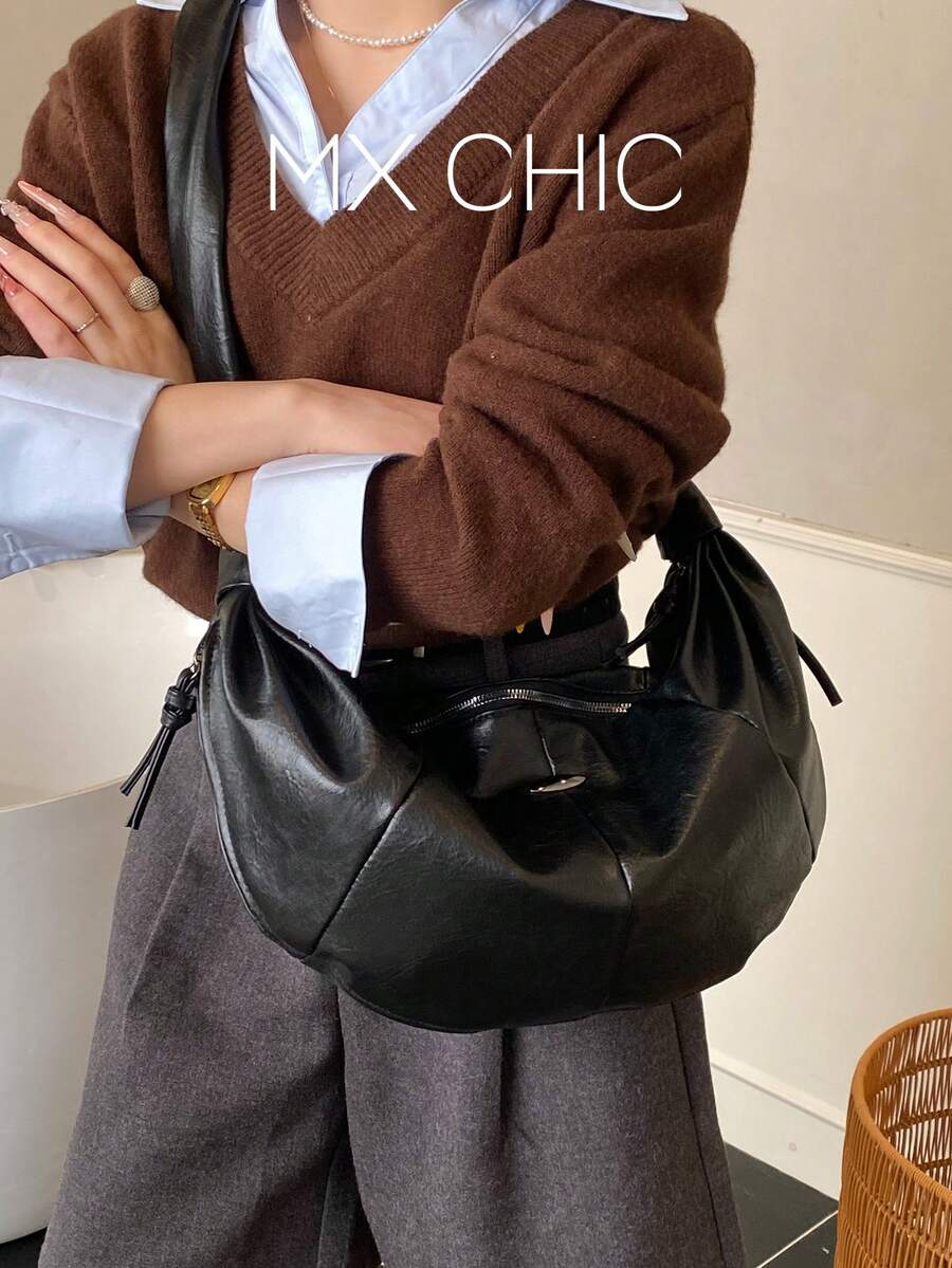 1 chiếc túi đeo vai bằng da PU màu trơn, kiểu dáng hình lưỡi liềm, dung tích lớn, thời trang, phù hợp cho phụ nữ trưởng thành, phối hợp với nhiều trang phục và đi mua sắm ngoài trời. - màu đen - Xem 1