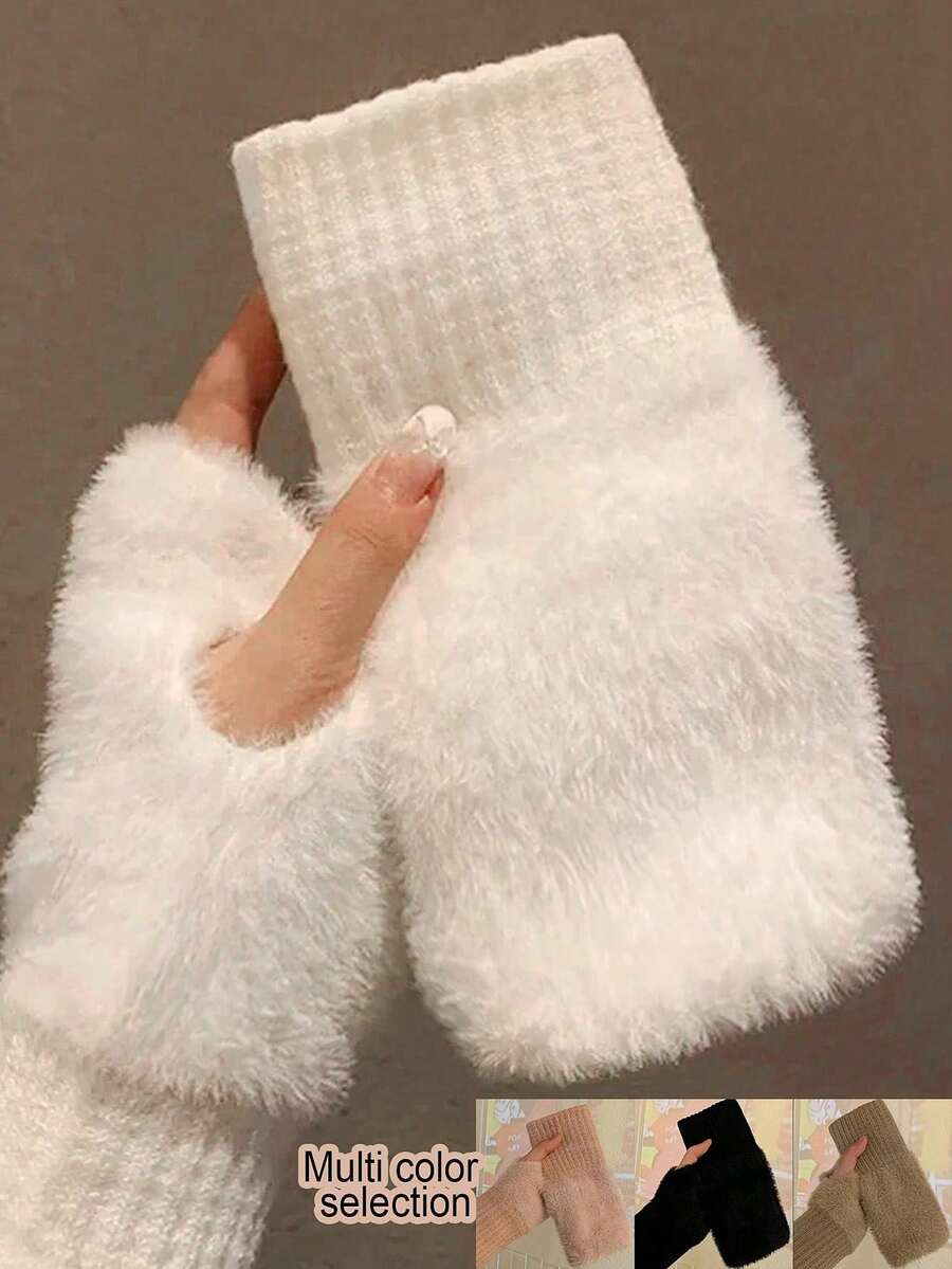1 Pair/2pcs Women's Fingerless Knitted Warm Gloves, Winter Hand Warmer, Made Of Soft Faux Cashmere Knitted Fabric, Warm Wool Half-Finger Design - Multicolor - View 1