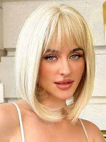 باروكة بوب ذهبية أنيقة مقاس 12 بوصة مقاومة للحرارة كثيفة الكثافة مع غرة، مناسبة للارتداء اليومي والحفلات