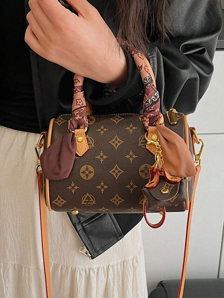 Random Color & Pattern Fashion Scarf Decor Elegant Handbag, Minimalist Retro Style Shoulder Tote Bag - Multicolor - View 6