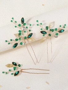 3pcs Emerald Crystal Gold Leaf Hair Clips, Vintage Rhinestone U-Shaped Bridal Hair Accessories, Suitable For Weddings And Galas - Multicolor - View 7