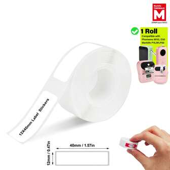  Marklife 白色热敏标签带，热敏打印纸，黑底白字标签贴纸，适用于 D30、M110、M220、M1、P50、P15 标签打印机，家用及商用，12x40mm (0.47"X1.57")，180 张/卷，防水、防油、耐磨、防撕裂
