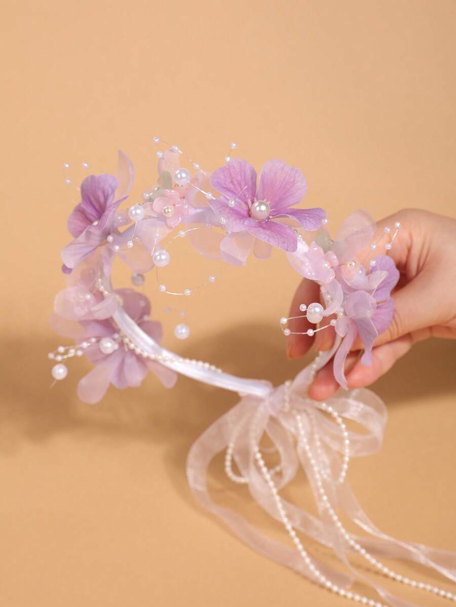 1件女孩用人造花珍珠髮箍,附仙女風薄紗花與串珠流蘇髮飾,適合日常配戴、旅行、編髮造型、情人節、派對,打造仙女風造型 - 淡紫色 - 查看 1