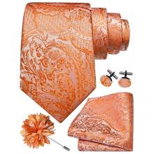GUSLESON 8cm Paisley Tie Set For Men Necktie Lapel Pin Pocket Square Cufflinks Set For Men,Orange - Orange - View 2