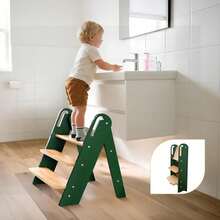 Wooden Step Stool For Toddler, Kids Step Stool For Bathroom Sink, Foldable Toilet Potty Training Stool With Non-Slip Pads And Handles, Child Kitchen Counter Wooden Ladder For Toddlers, Green - màu xanh lá - Xem 8
