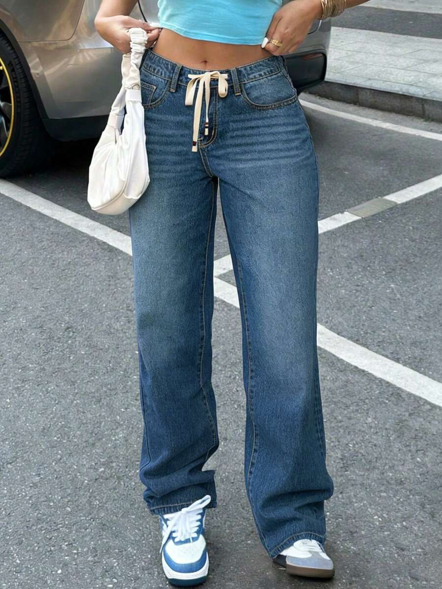 Women's Casual Loose Wide Leg Drawstring Waist Denim Jeans - Blue - View 1