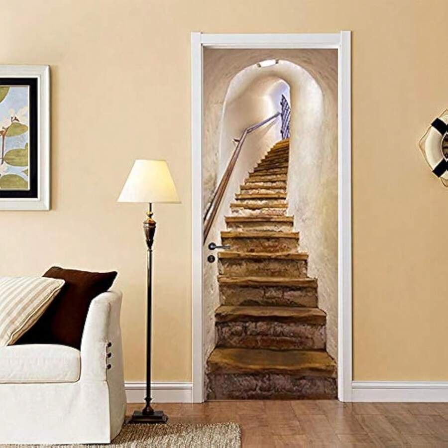 KACOLOR 3D Stairs Art Door Sticker For Bedroom Livingroom Bathroom, 2PCS Wall Decal Se--Adhesive Waterproof Removable Door Murals Wallpaper Home Decoration (Stairs) - 樓梯 - 查看 1