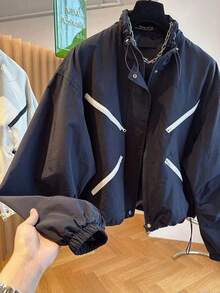 女士短款夹克风衣外套，宽松休闲飞行员夹克，春秋时尚黑色 - 黑色 - 查看 3