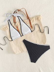 波点优雅休闲系带露背度假沙滩时尚泳衣套装，夏季度假必备 - 黑與白 - 查看 2