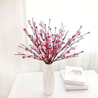 1 Pack Pink Heart-Shaped Berry Decor Picks With Red Berries, Suitable For Valentine's Day, Weddings, Candlelight Dinners, Anniversaries - Artificial Red Berry Heart-Shaped Branches, Wedding Home Vase Decor Gift
