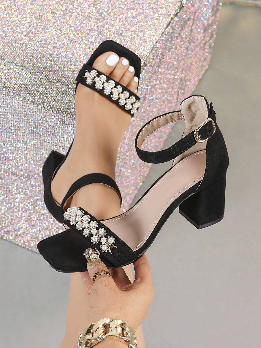 Giày sandal cao gót mùa hè cho nữ, giày nữ thanh lịch, sandal cao gót hở mũi gợi cảm, sandal đế vuông, giày cưới đế dày, sandal đen đính đá và ngọc trai giả. - màu đen - Xem 1
