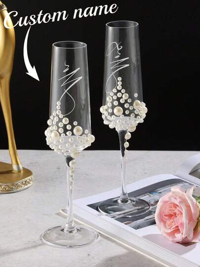 Personalized Bride Champagne Flute, Faux Pearl Crystal Glass Champagne Flute, Customized Champagne Flute For Bride And Bridesmaids - Reusable, Dishwasher , Customized Champagne Flute With Bow / Bride And Bridesmaids Wine Glass / Wedding Party Glassware / Wedding Supplies / Champagne Flute / Champagne Coupe / Bridesmaid / Bride / Maid Of Honor / Mother Of The Bride / Bachelorette Party / Birthday Party