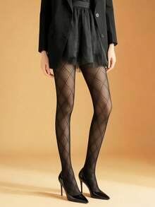 1 Pair Women's Core-Spun Yarn Jacquard Pantyhose - Rhombus Mesh Design, Sexy, Smooth, Slimming, Suitable For Daily Office Wear And Valentine's Day Gift - Multicolor - View 11