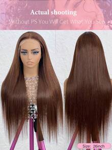 MECRY [高温丝假发] 180%密度高温丝蕾丝前假发 - 男女通用成人基础直发合成纤维假发，预先拔毛的13x4蕾丝区域，耐热长款巧克力深棕色假发 - S4 - 查看 2