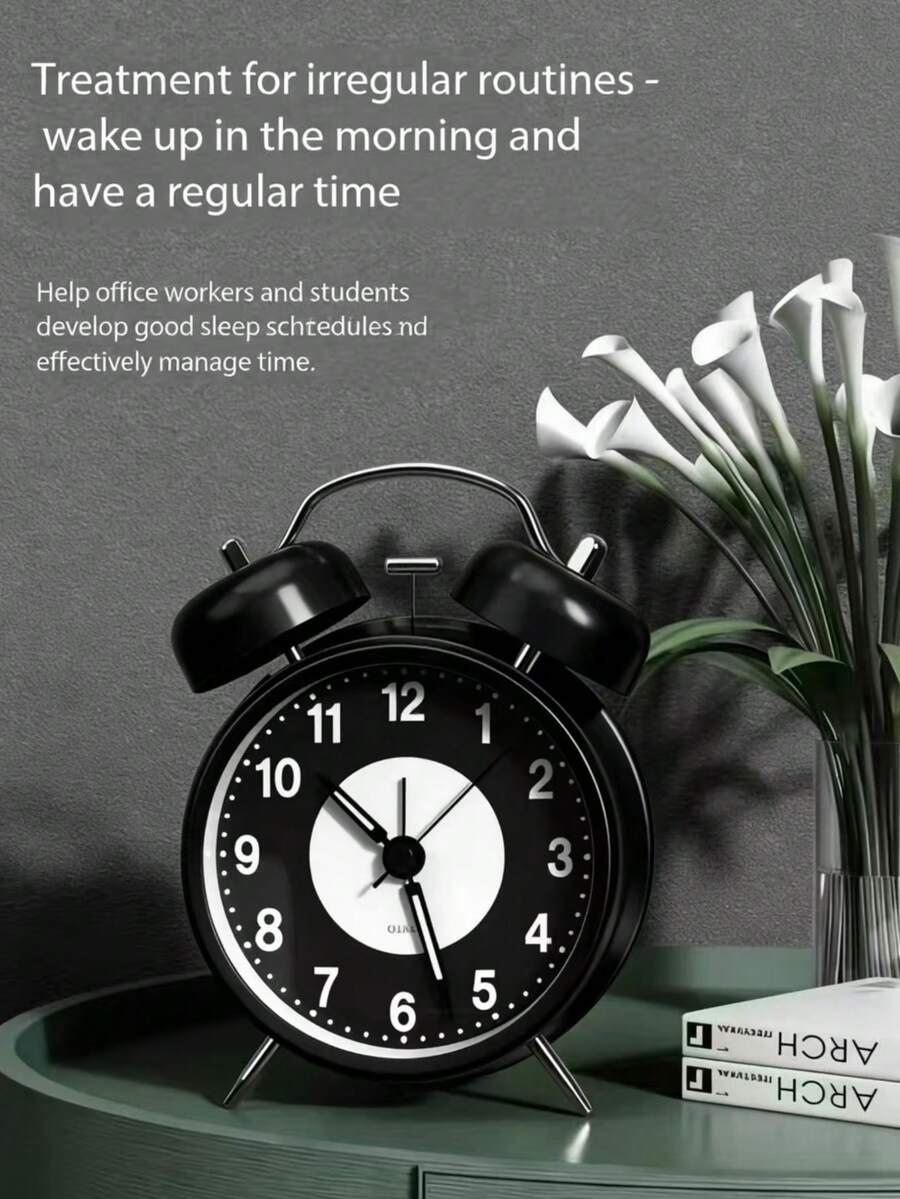 Reloj despertador luminoso de 4 pulgadas, campana dual silenciosa sin tictac, con luz de fondo fuerte, adecuado para mesita de noche, reloj de mesa decorativo vintage como regalo de cumpleaños, graduación, decoración de habitación, reloj digital para dormitorio, decoración de dormitorio, útiles escolares - Negro - Ver 1