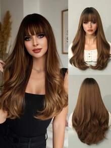 7JHH WIGS Natural Body Wave Warm Brown Wigs For Women Long Wavy Synthetic Wig With Bangs Natural Looking Soft Fiber Beautiful Fluffy Wigs For Beginners Daily Party Wedding Use 22 Inch - 鏽棕色 - 查看 2