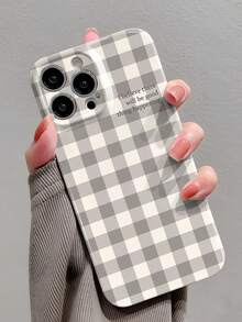1pc Minimalist PC Material Colorful Plaid Slogan Pattern Perforated Glossy Hardshell Full Coverage Phone Case Compatible With IPhone 11/12/13/14/15/16 Pro Max - Multicolor - View 1