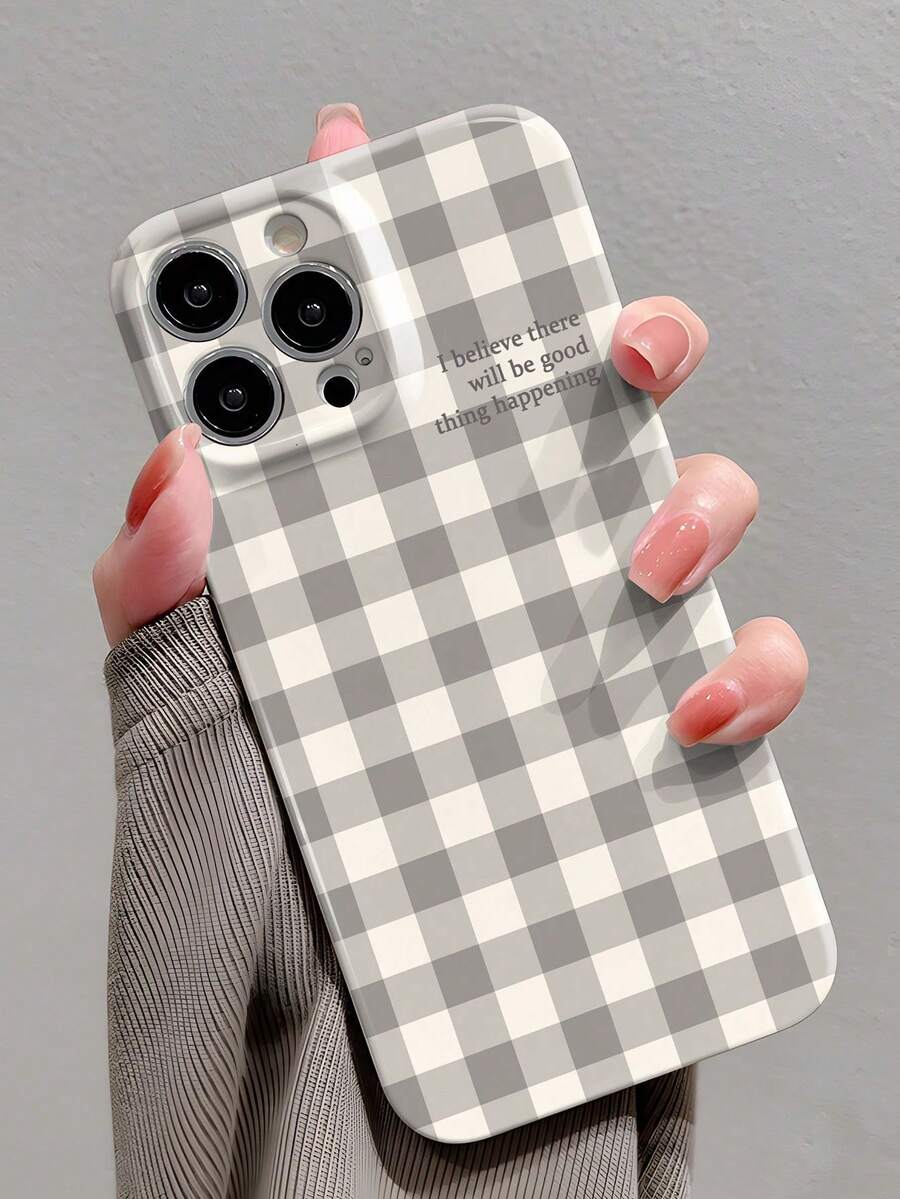 1pc Minimalist PC Material Colorful Plaid Slogan Pattern Perforated Glossy Hardshell Full Coverage Phone Case Compatible With IPhone 11/12/13/14/15/16 Pro Max - Multicolor - View 1
