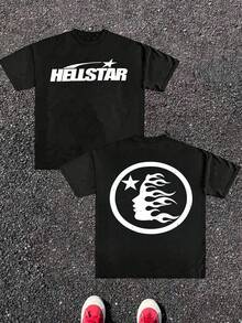 1 pieza Camiseta de hombre 100% algodón con silueta de estrella y llama, ropa de hombre de estilo urbano con gráfico impreso por ambos lados, camiseta de estampado digital de fuego cósmico, regalo para hombres - Negro - Ver 8