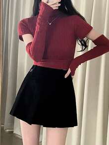 High Neck Pullover Sweater With Sleeve, Festive Vibe, Fitted Knit Top For Women - Burgundy - View 3