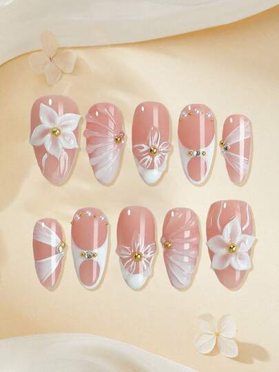 10pcs French Floral Nail Stickers, Handmade Medium Almond Shaped Acrylic Nail Art Stickers, Y2K Holographic DIY Nail Sticker Set, 3D Floral & Butterfly Elements, Decorated With Gold & White Beads, Full Coverage Classic Design, Smooth Surface, Reusable, Suitable For Nail Salons, Girls & Women For Daily Nails, Festivals & Gifts, Nail Art Kit, Nail Supplies, Nail Art
