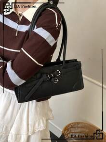 1pc Versatile One Shoulder Bag, Fashionable Buckle Strap Design Underarm Bag, Daily Commute Handbag For Women - Black - View 2