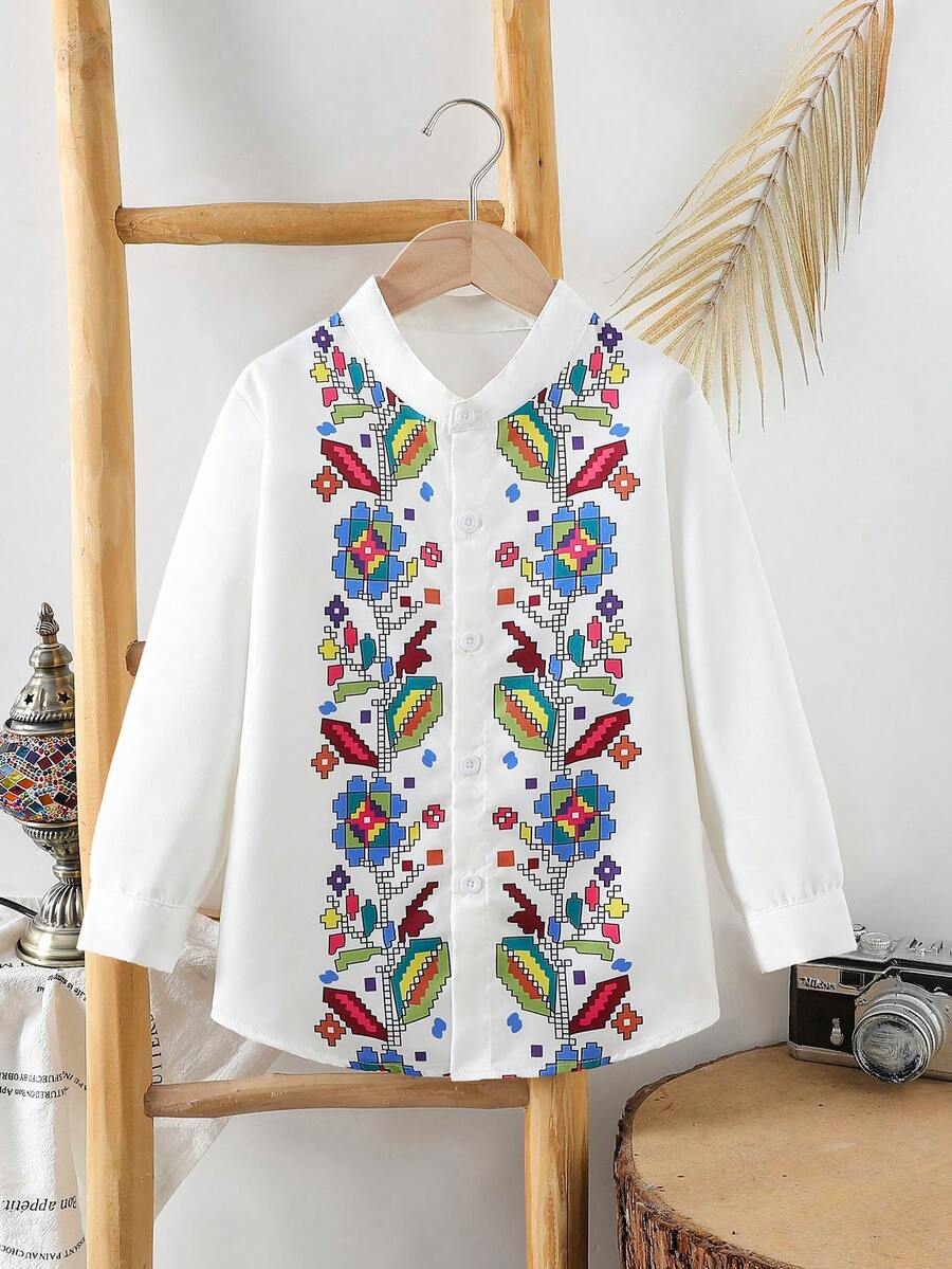 Boys' Graphic Print + White Base Long Sleeve Mandarin Collar Shirt, Suitable For Festivals, Outdoor, Formal, Casual, Daily Wear - White - View 1