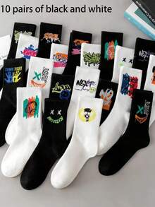5/10 Pairs Spring/Summer Unisex Mixed Black & White Graffiti Street Style Casual Crew Socks, Simple Fashion Versatile Sweat-Absorbent Breathable Mid-Calf Socks For Couples - Multicolor - View 7