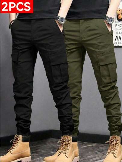 2pcs Men's Outdoor Casual Work Pants Set, Tapered Leg 7/8 Pants, Non-Stretch Woven Fabric, Solid Color Minimalist Multi-Pocket Trousers Spring