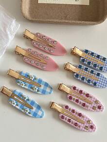 2/4pcs Pink And Blue Fresh Checkered Hair Clip With Rhinestone Embellishment, No Trace Clip, Hair Edge Clip Suitable For Women's Face Washing And Makeup, Already Worn Daily, Head Accessories, Party, Hair Accessories For Women, Claw Clips, Hair Slide, Hair Barrettes - Multicolor - View 4