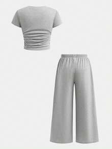 Tween Girl Casual Everyday Commute Minimalist Butterfly Print Pleated Fitted Short Sleeve T-Shirt And Elastic Waist Wide Leg Pants Set, Spring/Summer/Autumn - Grey - View 2