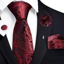 GUSLESON 8cm Paisley Tie Set For Men Necktie Lapel Pin Pocket Square Cufflinks Set For Men,Red - Red - View 3