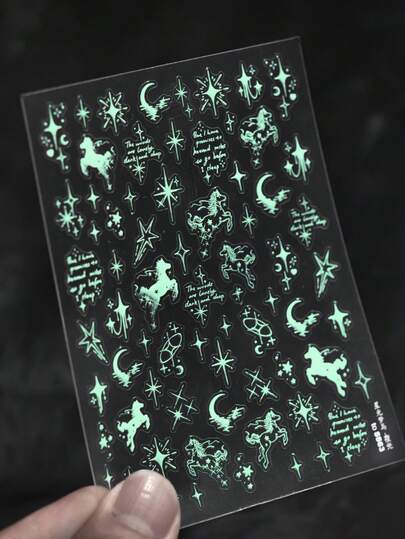 1pc Dreamy Flying Horse Silhouette Starburst Meteor Moon Shadow Crescent Moon Noctilucent Adhesive Nail Art Stickers Manicure Decals