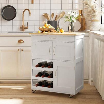 1pc HOMCOM Modern Kitchen Trolley Cart With Drawer, 9-Bottle Wine Rack, Wooden Countertop, And Door Cabinets - Rolling Island Storage With Wheels, No Electricity Needed, White