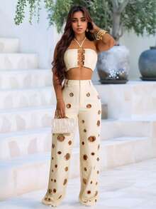 Conjunto de dos piezas sexy y ajustado con espalda descubierta y agujeros para mujer - Albaricoque - Ver 1