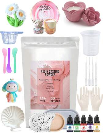 1公斤树脂浇铸粉套装，速干石膏浇铸粉，适合初学者，20-30分钟即可脱模，易与水混合，活性浇铸树脂，适用于DIY工艺品、家居装饰、石膏雕塑