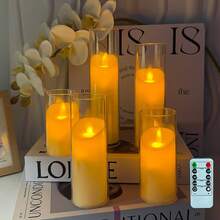 LED Flickering Flameless Candles With Remote And 2/4/6/8 H Timer, Pillar Battery Operated Candles, Set Of 6 Acrylic Candle For Party Festival Wedding Home Decor - 黃色 - 查看 2