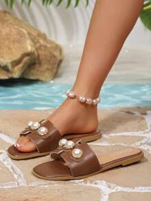 New Fashion Flat Sandals With Pearl Decor For Women - Brown - View 6
