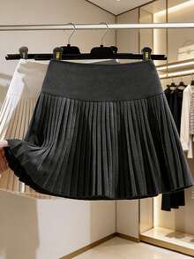 女士优雅星空羊毛半身裙，高腰显瘦百褶迷你裙 - 深灰色 - 查看 1