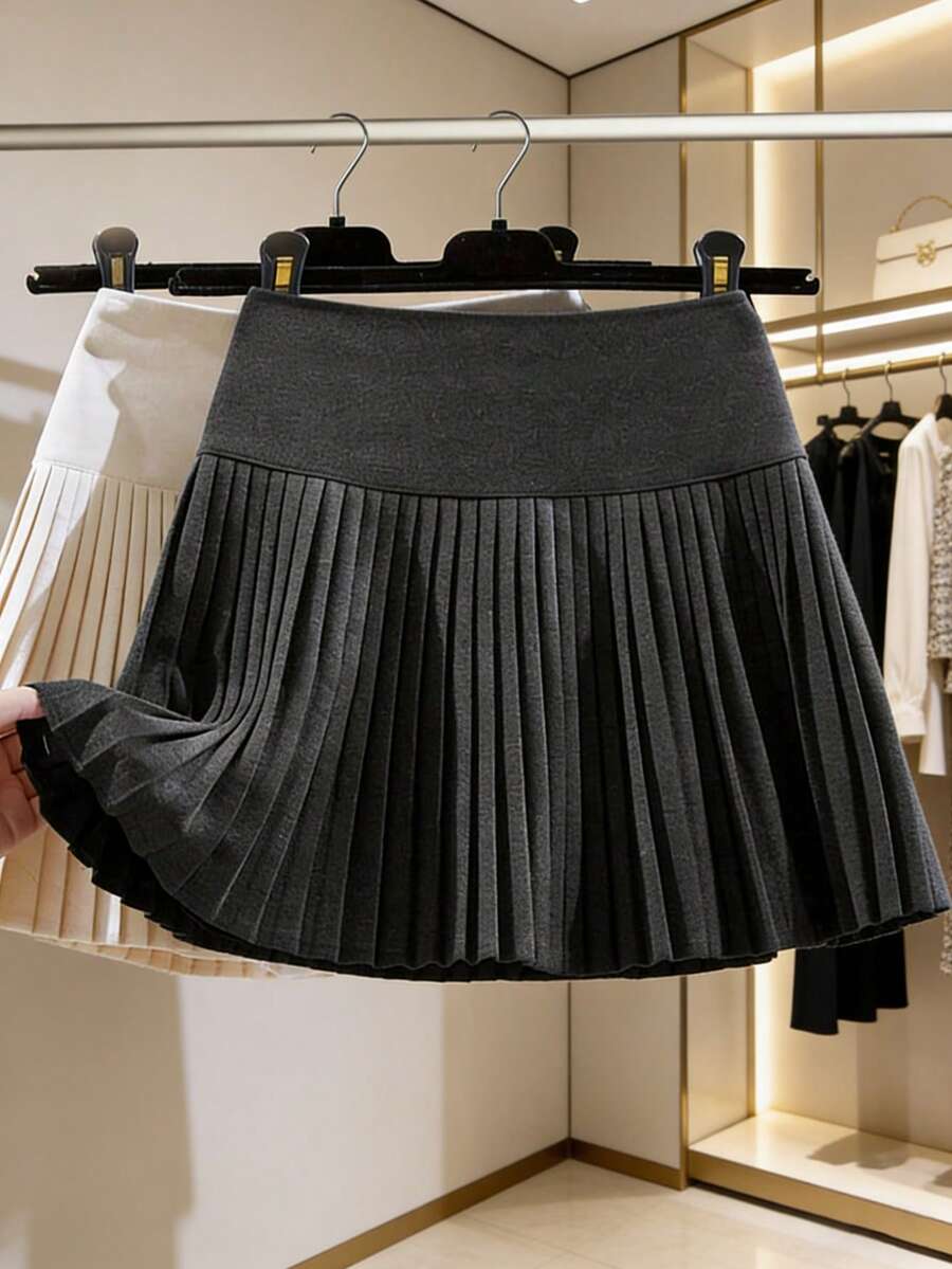 女士优雅星空羊毛半身裙，高腰显瘦百褶迷你裙 - 深灰色 - 查看 1