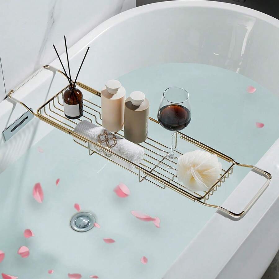 Stainless Steel Bathtub Caddy Tray, Expandable Bathtub Holder Table, Adjustable Bathroom Tray, Bath Organizer Tub Shelf, Gold - 金色 - 查看 1