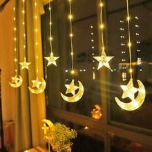 1pc 78.74inch Ramadan Star Moon LED Curtain Decoration String Light | Suitable For Ramadan, Valentine'S Day, New Year, Coffee Shop, Bedroom Wall, Wedding Party, Room Window Decoration - Battery Powered, Without Battery