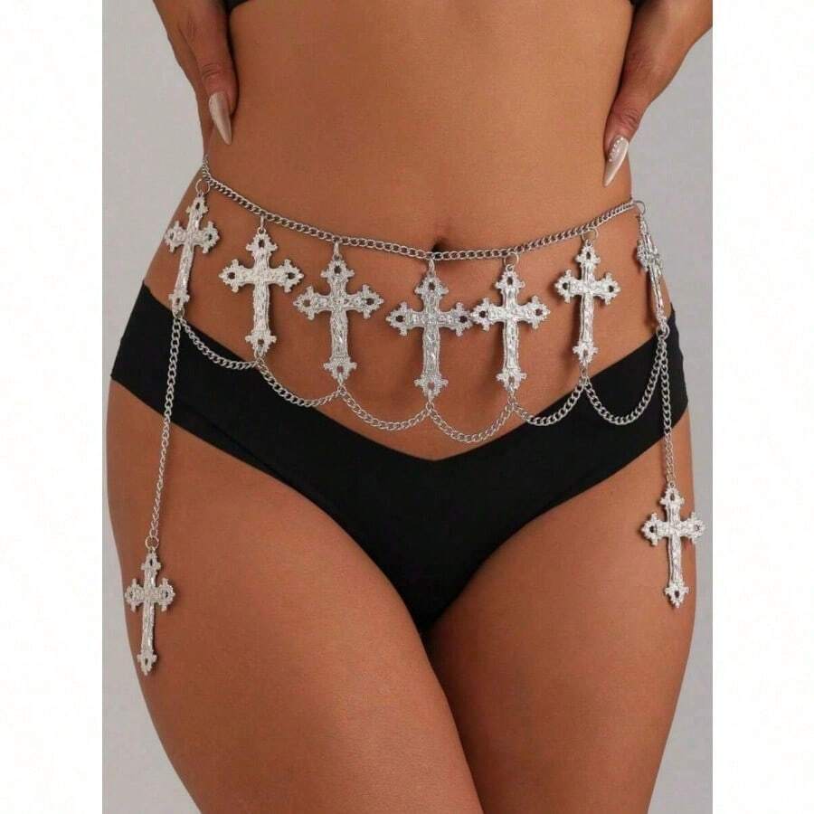 1pc Women's Silver Punk Cross Pendant Waist Chain Multi-Layer Metal Chain Waist Decoration Fashionable Versatile Elegant Body Chain Suitable For Party Wedding Festival Couples Summer School Fall Autumn Halloween - Bạc - Xem 1