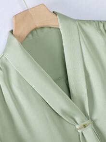 V-Neck Tie Blouse For Women, Fashion High-End Versatile Solid Color Elegant Professional Commuter Design Shirt - Green - View 4