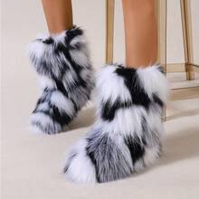 2025 Autumn And Winter Personalized Fashion Rainbow-Colored Furry Puffy Chunky-Heel Ankle Boots, Retro Y2K Style, Suitable For Party, Catwalk, Street Shooting, Music Festival And Halloween Carnival Outfits - 黑與白 - 查看 3