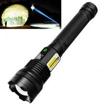 1支远射程高功率LED手电筒，USB充电，可调焦，带侧置COB战术手电筒 - 黑色 - 查看 2